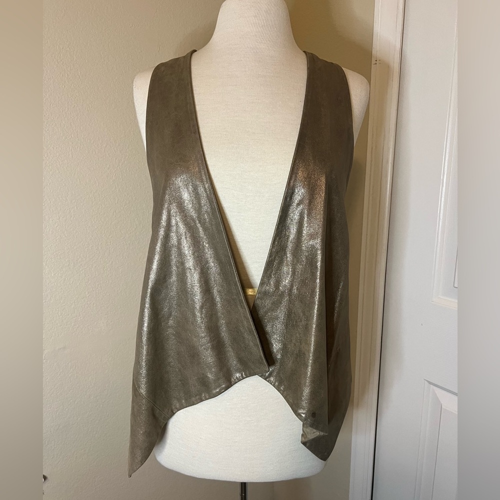 Rozae Nichols Suede Drape Front Brown Metallic Color Vest Small